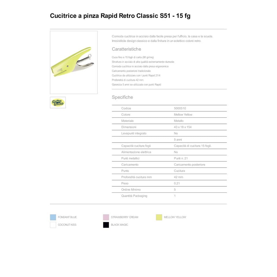 Cucitrice a pinza Rapid S51 Supreme fino a 15 fogli mellow yellow 5000510