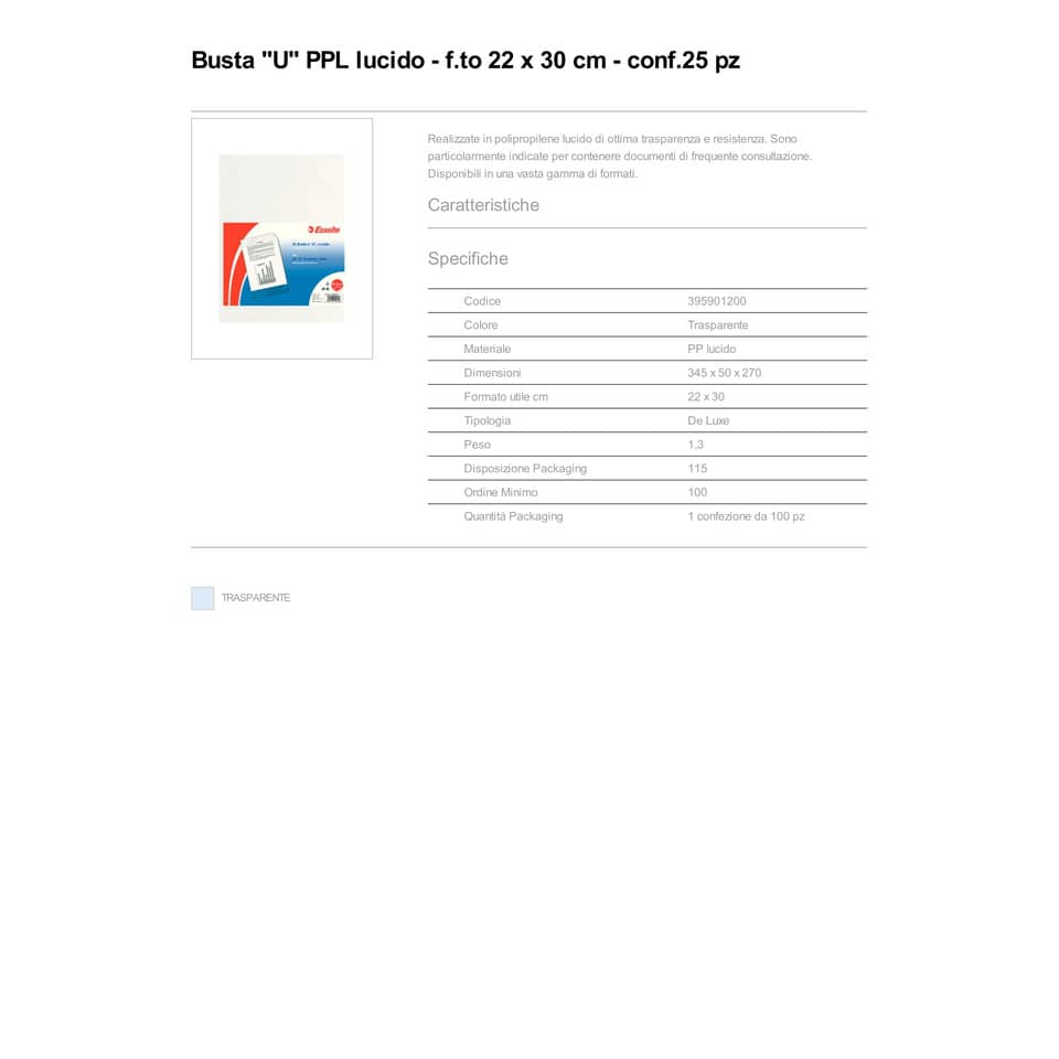 Buste a U ESSELTE Deluxe trasparente 22x30 cm conf. 25 pezzi - 395901200