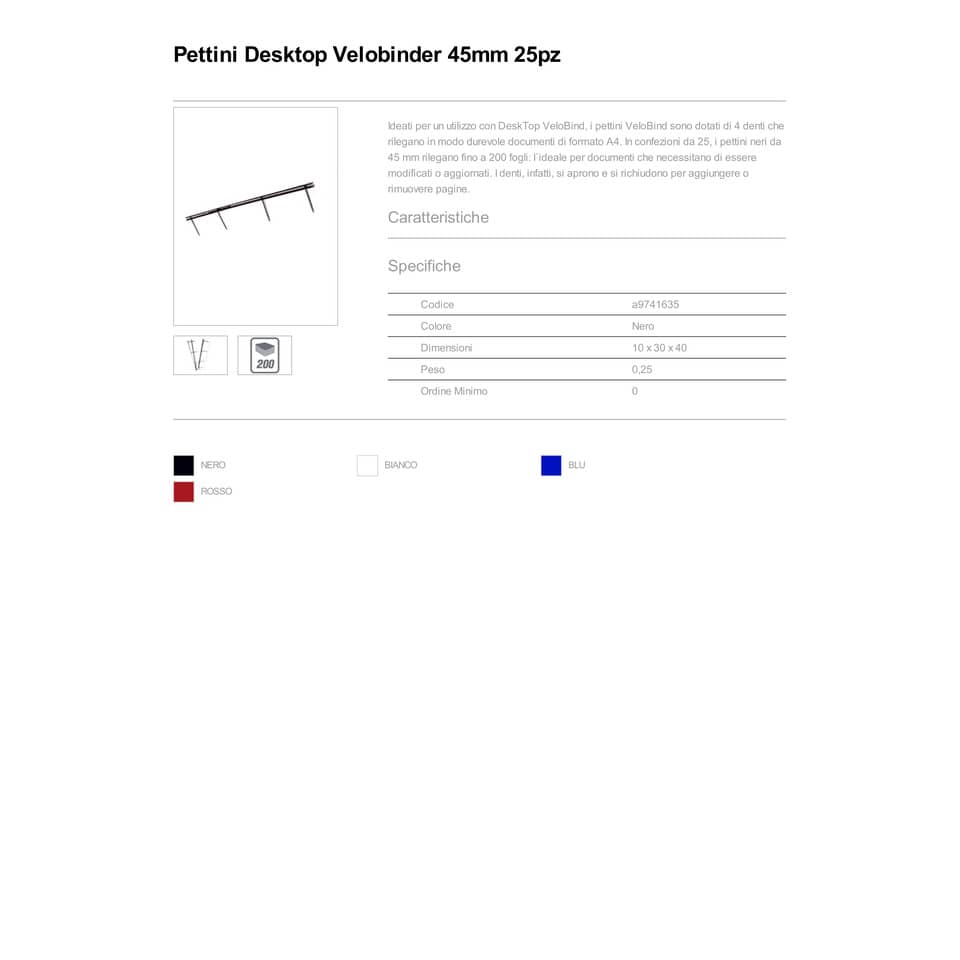 Pettini per rilegatura GBC VeloBind con 4 denti 45 mm a4 nero conf da 25 pettini - A9741635