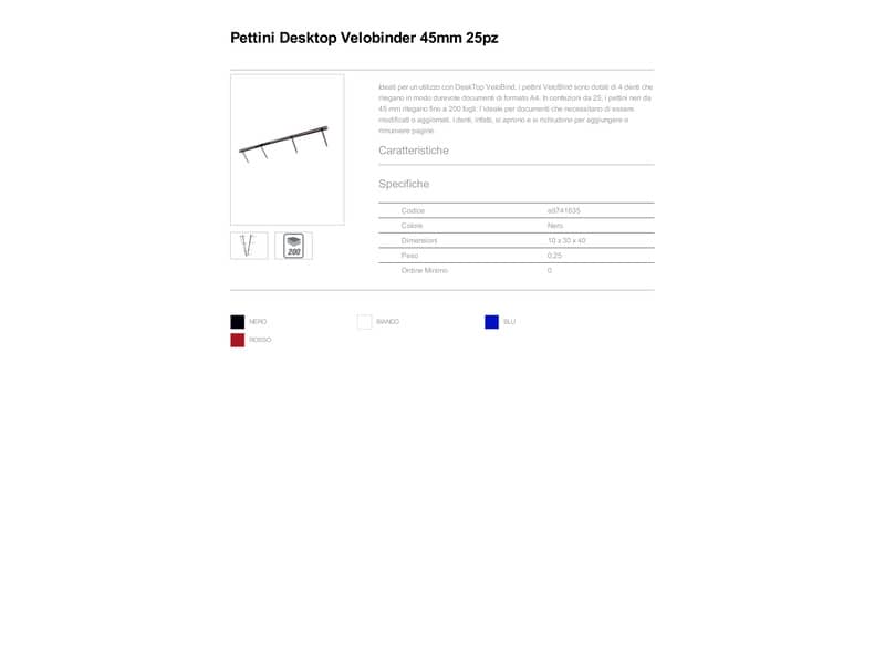 Pettini per rilegatura GBC VeloBind con 4 denti 45 mm a4 nero conf da 25 pettini - A9741635
