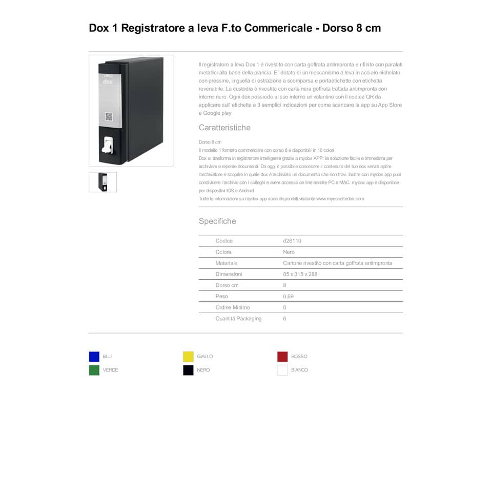Registratore a leva DOX1 Commerciale 28,5x31,5 cm - dorso 8 cm nero D26110