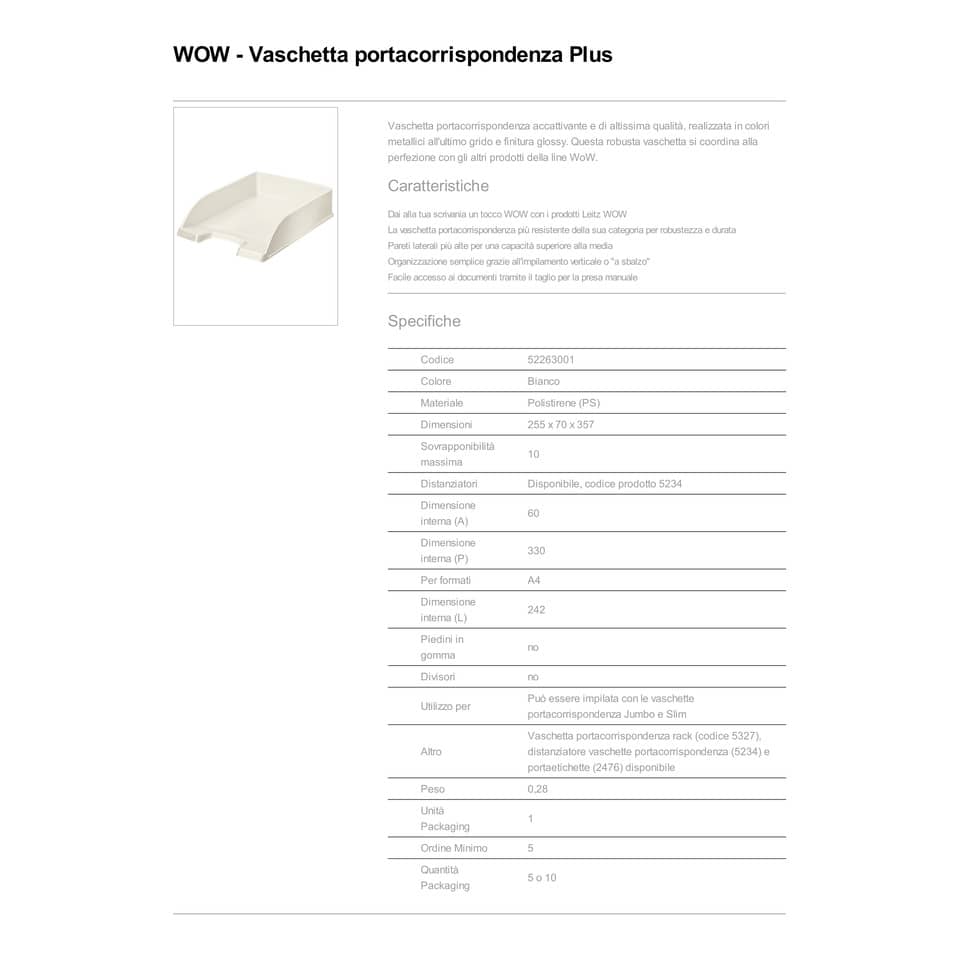 Vaschetta portacorrispondenza Leitz WOW in polistirolo A4 bianco metalizzato 52263001