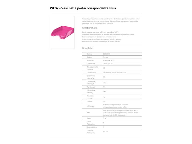 Vaschetta portacorrispondenza Leitz WOW in polistirolo A4 rosa metallizzato 52263023