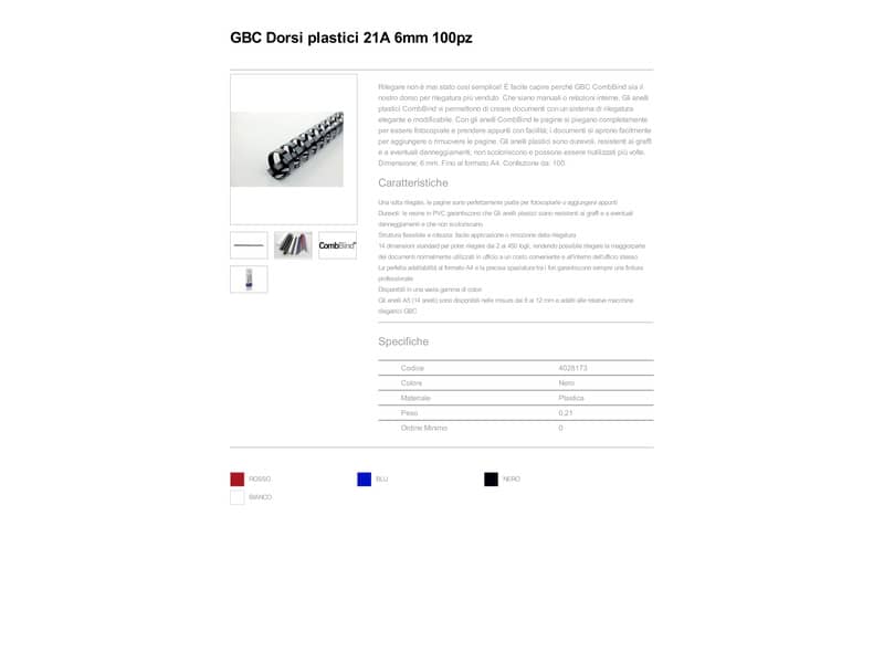 Dorsi plastici a 21 anelli GBC CombBind 6 mm A4 nero - fino a 25 fogli conf da 100 dorsi - 4028173
