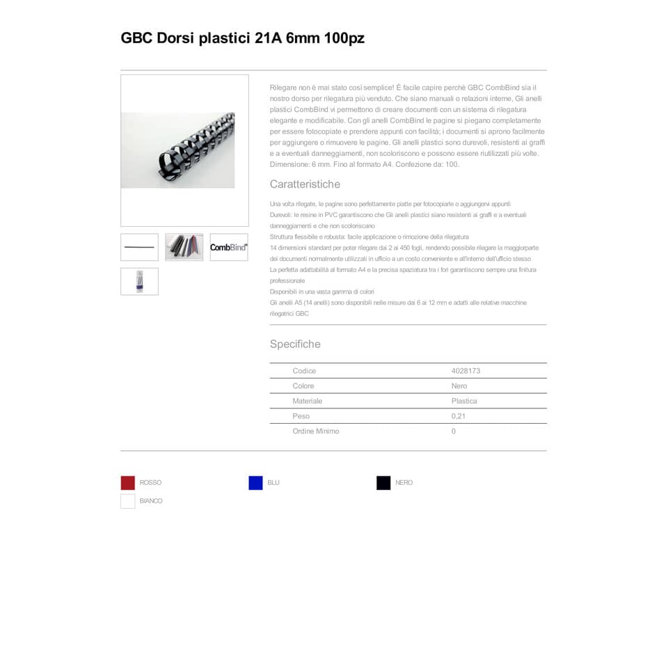 Dorsi plastici a 21 anelli GBC CombBind 6 mm A4 nero - fino a 25 fogli conf da 100 dorsi - 4028173
