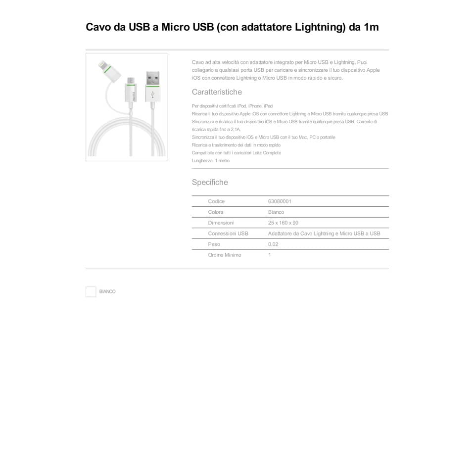 Cavo da USB a micro USB reversibile da 1m Leitz con adattatore Lightning bianco 63080001
