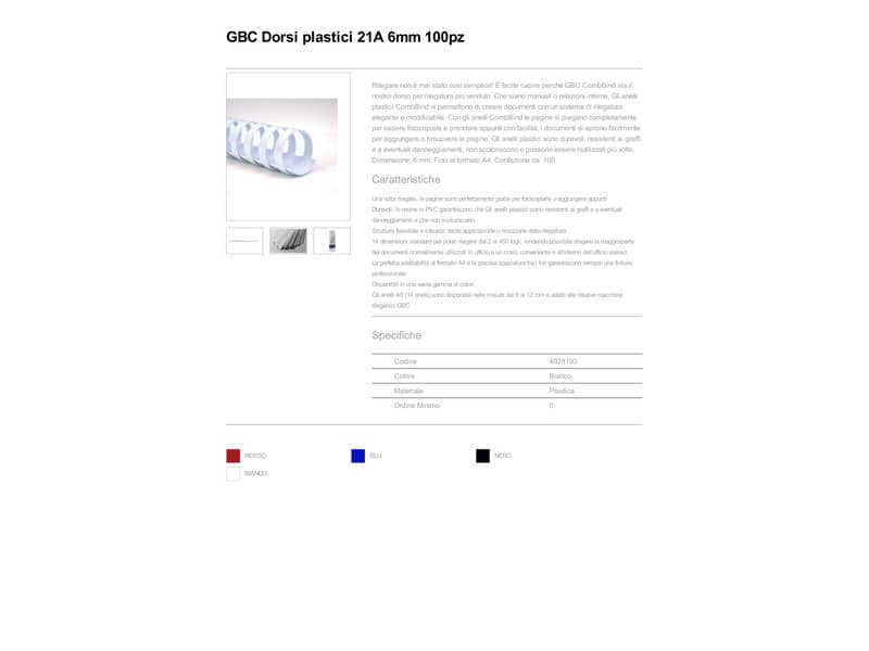 Dorsi plastici a 21 anelli GBC CombBind 6 mm A4 bianco - fino a 25 fogli conf da 100 dorsi - 4028193
