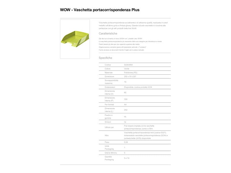 Vaschetta portacorrispondenza Plus Leitz WOW in polistirolo A4 verde metallizzato 52263064