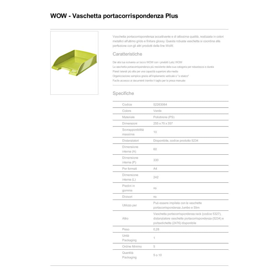 Vaschetta portacorrispondenza Plus Leitz WOW in polistirolo A4 verde metallizzato 52263064