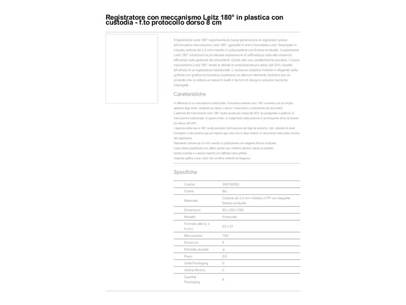 Registratore con custodia Leitz 180° protocollo dorso 8 cm cartone riverstito in polipropilene blu - 390765050