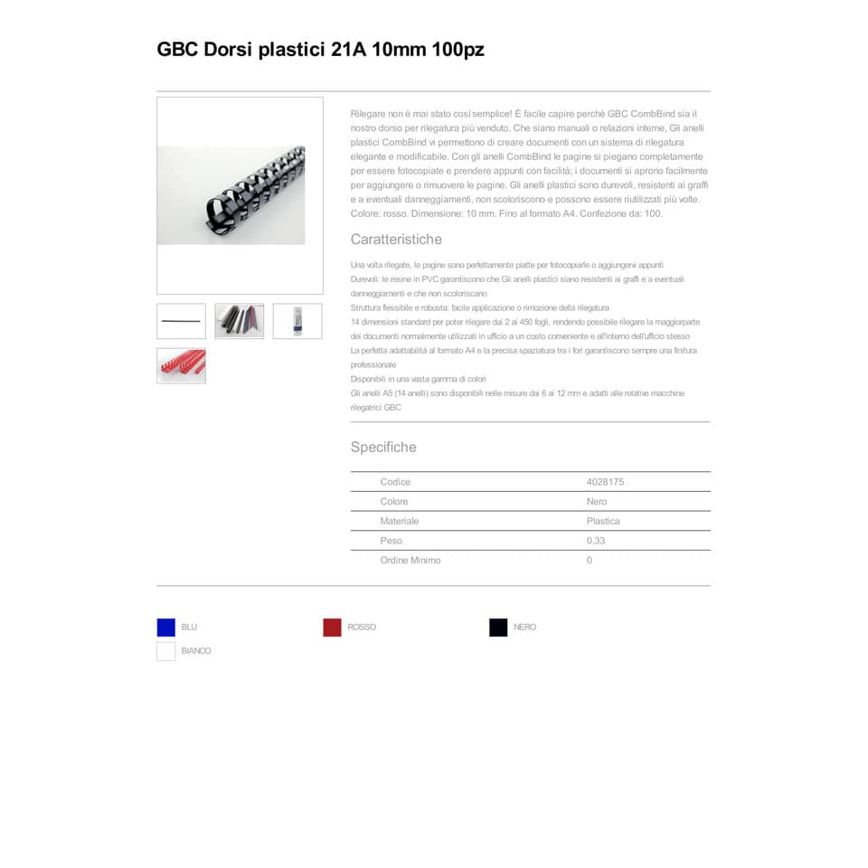 Dorsi plastici a 21 anelli GBC CombBind 10 mm A4 nero - fino a 65 fogli conf da 100 dorsi - 4028175
