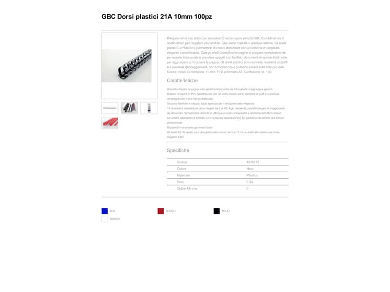 Dorsi plastici a 21 anelli GBC CombBind 10 mm A4 nero - fino a 65 fogli conf da 100 dorsi - 4028175
