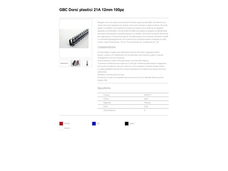 Dorsi plastici a 21 anelli GBC CombBind 12 mm A4 nero -  fino a 95 fogli conf da 100 dorsi - 4028177