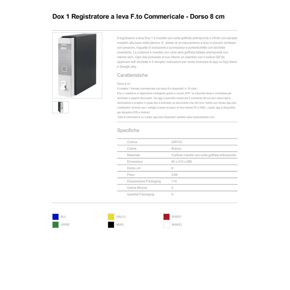 Registratore a leva DOX1 Commerciale 28,5x31,5 cm - dorso 8 cm bianco D26103