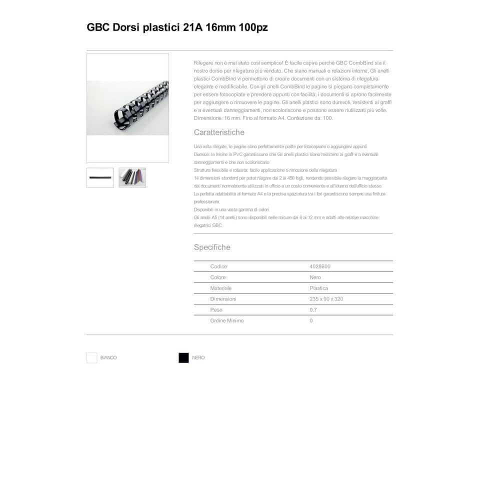 Dorsi plastici a 21 anelli GBC CombBind 16 mm A4 nero - fino a 145 fogli conf da 100 dorsi - 4028600