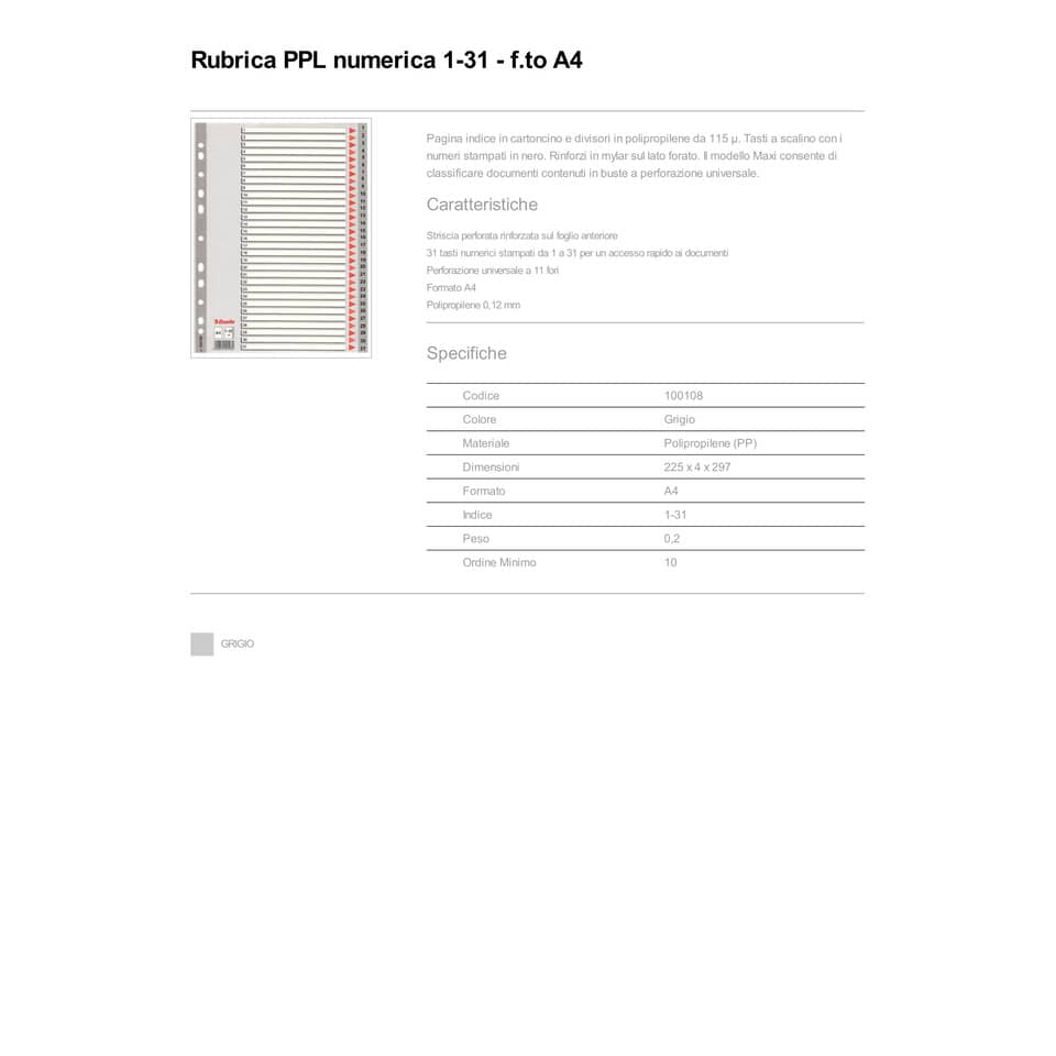 Divisori per rubrica Esselte A4 PPL numerica 1-31 100108