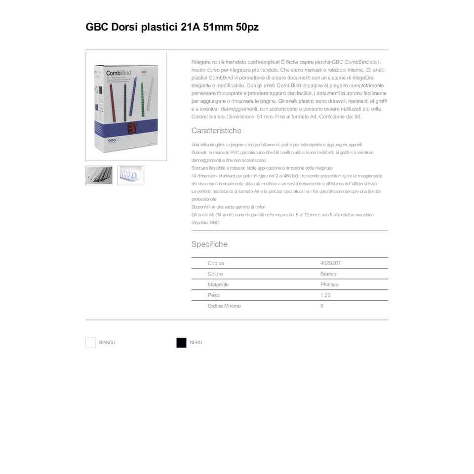 Dorsi plastici a 21 anelli GBC CombBind 51 mm A4 bianco  - fino a 450 fogli conf da 50 dorsi - 4028207