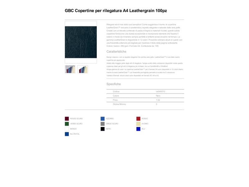 Copertine per rilegatura GBC Leathergrain in cartoncino goffrato a4 nero  conf da 100 copertine - CE040010