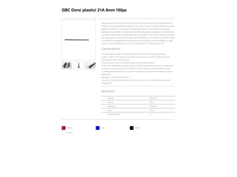 Dorsi plastici a 21 anelli GBC CombBind 8 mm A4 nero - fino a 45 fogli conf da 100 dorsi - 4028174