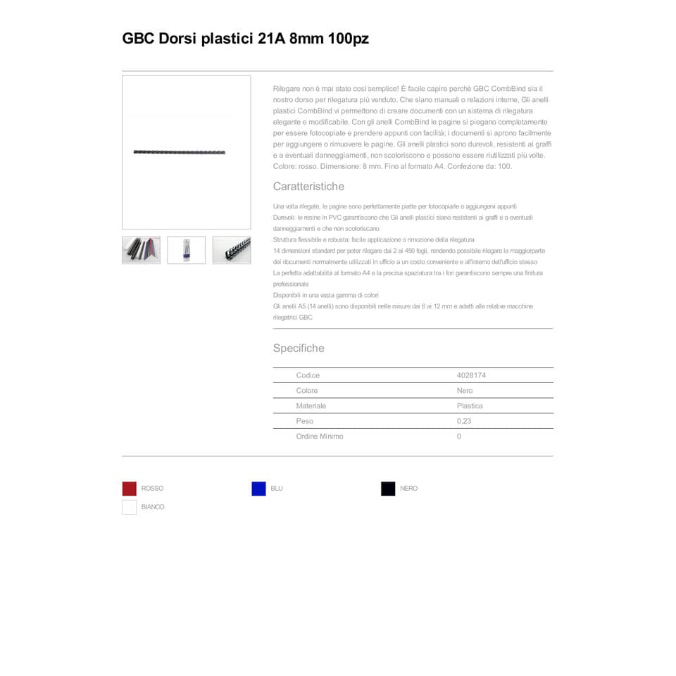 Dorsi plastici a 21 anelli GBC CombBind 8 mm A4 nero - fino a 45 fogli conf da 100 dorsi - 4028174