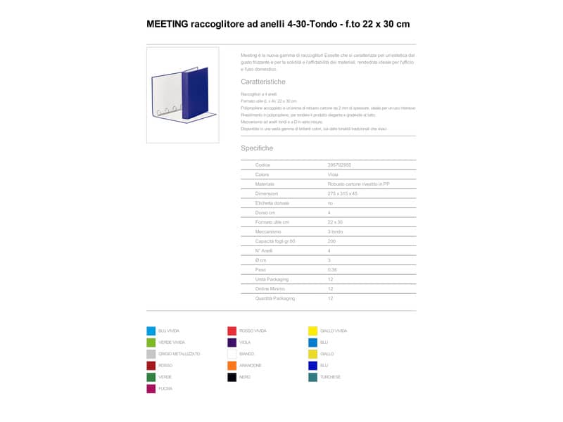 Raccoglitore Esselte Meeting a 4 anelli tondi 30mm cartone rivestito in PP viola 22x30cm dorso 4cm - 395792950