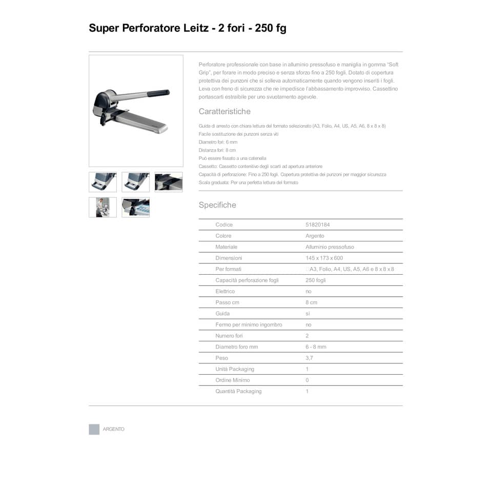 Superperforatore a 2 fori Leitz 5182 in metallo grigio fino a 250 fogli 51820184