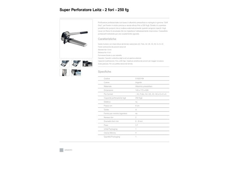 Superperforatore a 2 fori Leitz 5182 in metallo grigio fino a 250 fogli 51820184