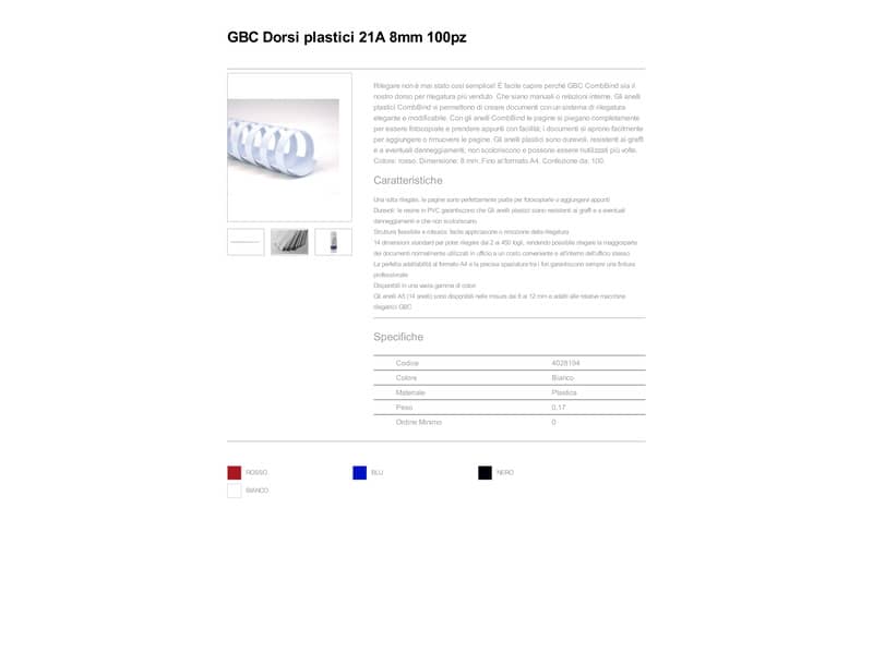 Dorsi plastici a 21 anelli GBC CombBind 8 mm A4 bianco - fino a 45 fogli conf da 100 dorsi - 4028194