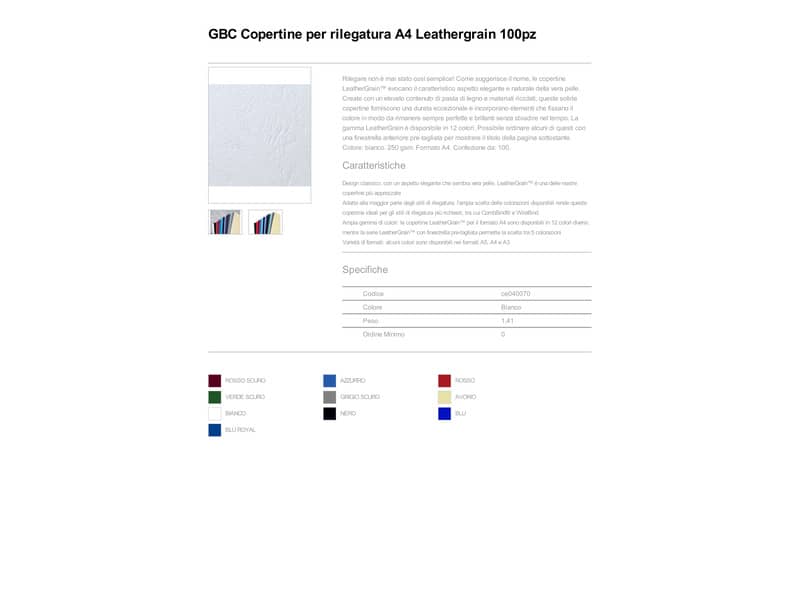 Copertine per rilegatura GBC Leathergrain in cartoncino goffrato a4 bianco  conf da 100 copertine - CE040070