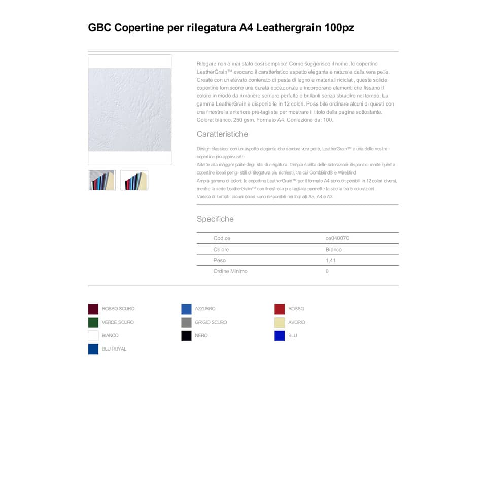 Copertine per rilegatura GBC Leathergrain in cartoncino goffrato a4 bianco  conf da 100 copertine - CE040070