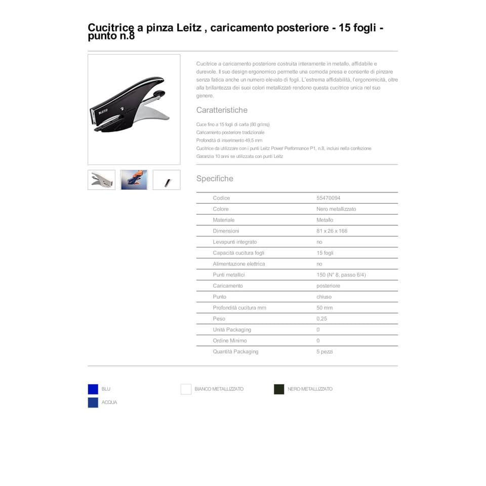 Cucitrice fino a 15 fogli Leitz 5547 WOW nero metallizzato 55470094