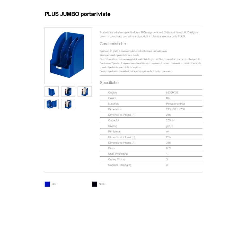 Portariviste ad alta capacità 20,5 cm Leitz PLUS JUMBO in polistirolo A4 blu 52390035