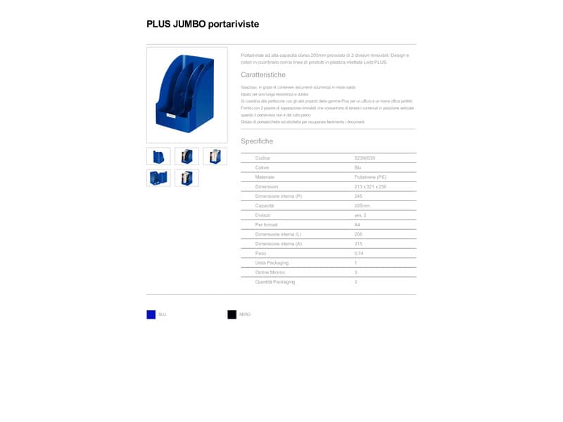 Portariviste ad alta capacità 20,5 cm Leitz PLUS JUMBO in polistirolo A4 blu 52390035