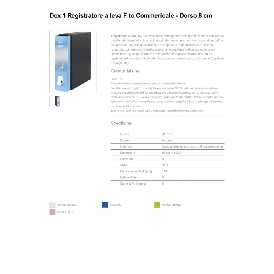 Registratore a leva DOX1 Commerciale S. Francisco 28,5x31,5 cm - dorso 8 cm azzurro - D15116