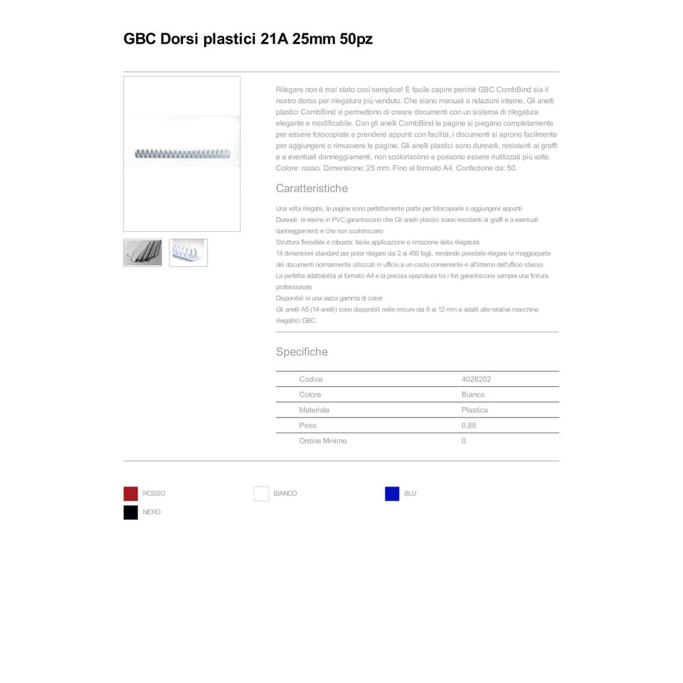 Dorsi plastici a 21 anelli GBC ComBind 25 mm A4 bianco - fino a 225 fogli conf da 50 dorsi - 4028202