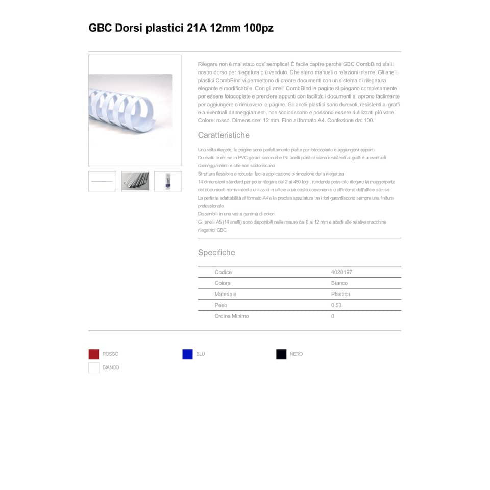 Dorsi plastici a 21 anelli GBC ComBind 12 mm A4 bianco - fino a 95 fogli conf da 100 dorsi - 4028197