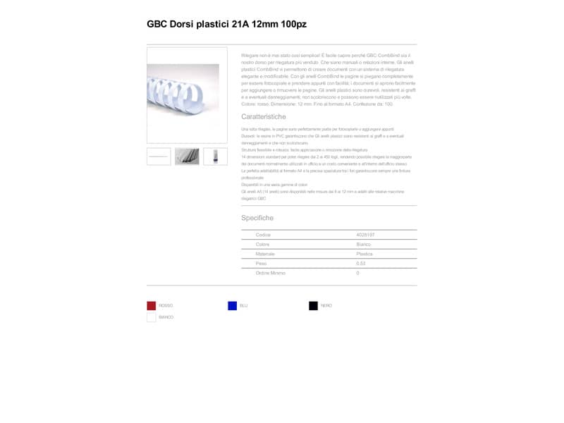 Dorsi plastici a 21 anelli GBC ComBind 12 mm A4 bianco - fino a 95 fogli conf da 100 dorsi - 4028197