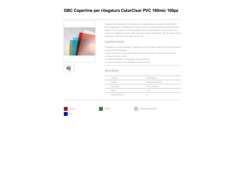 Copertine per rilegatura GBC ColorCLear in pvc A4 fumo conf da 100 copertine - CE011850E