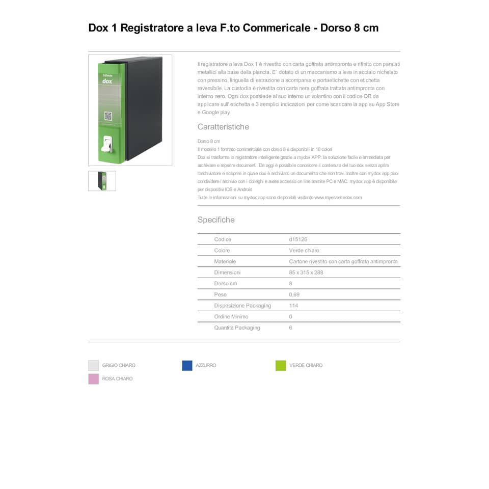 Registratore a leva DOX1 Commerciale 28,5x31,5 cm - dorso 8 cm verde chiaro D15126