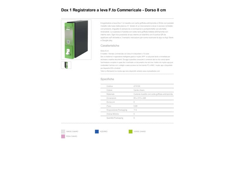 Registratore a leva DOX1 Commerciale 28,5x31,5 cm - dorso 8 cm verde chiaro D15126