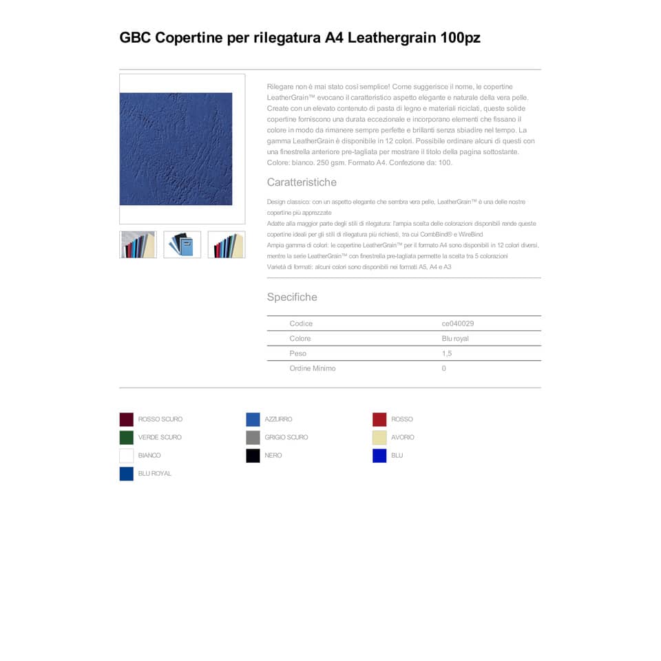 Copertine per rilegatura GBC Leathergrain cartoncino goffr. A4 blu scuro conf da 100 copertine - CE040029