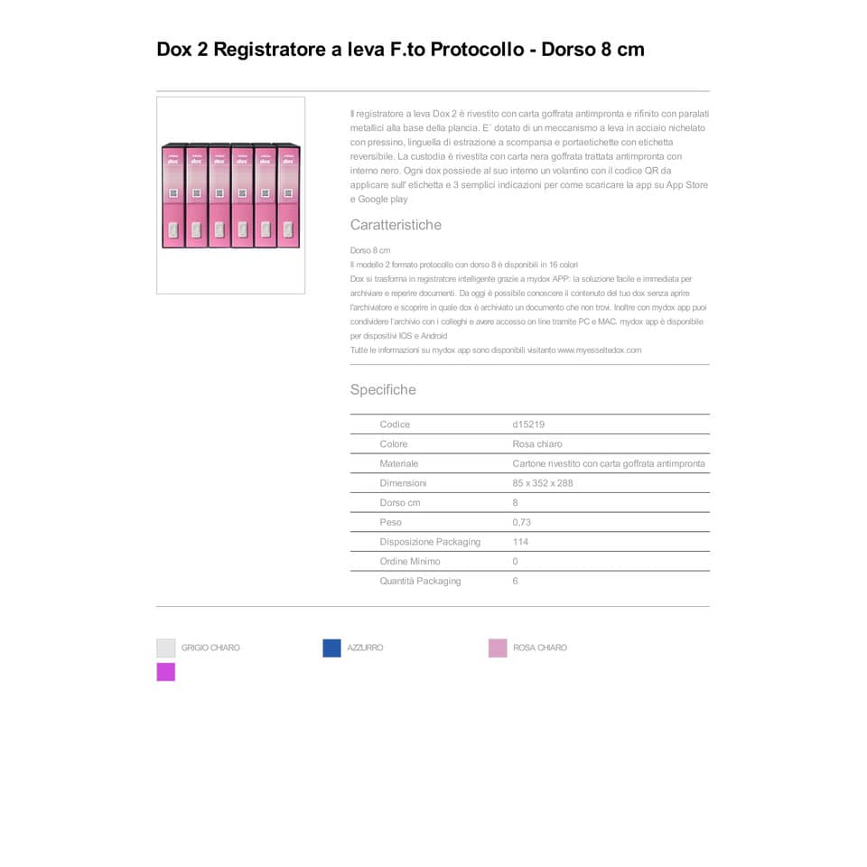 Registratore a leva DOX2 Protocollo S. Francisco 28,5x35 cm - dorso 8 cm rosa - D15219