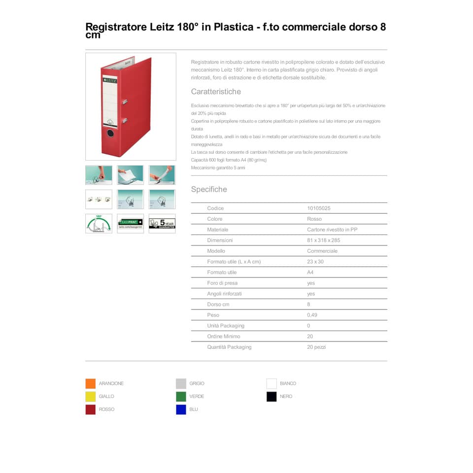 Registratore senza custodia Leitz 180° commerciale dorso 8 cm cartone rivestito in polipropilene rosso - 10105025