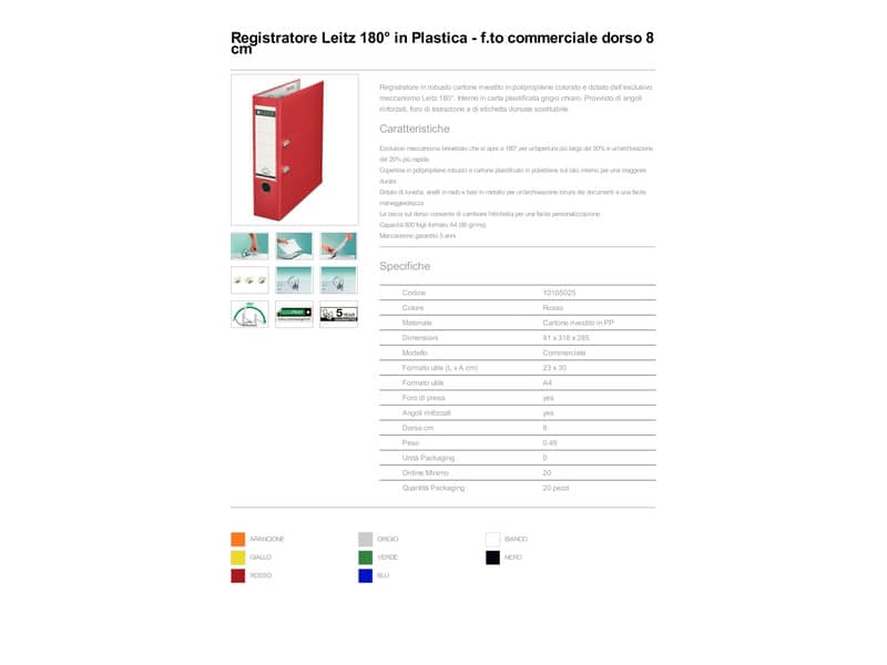 Registratore senza custodia Leitz 180° commerciale dorso 8 cm cartone rivestito in polipropilene rosso - 10105025