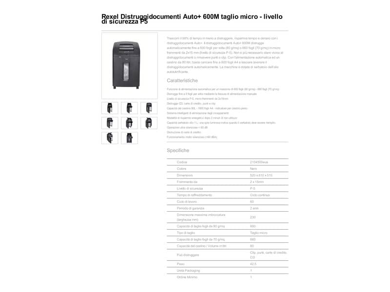 Distruggidocumenti ad alimentazione automatica Rexel Auto+600M P-5 80 L taglio microframmenti 2x15 mm 2104500EUA