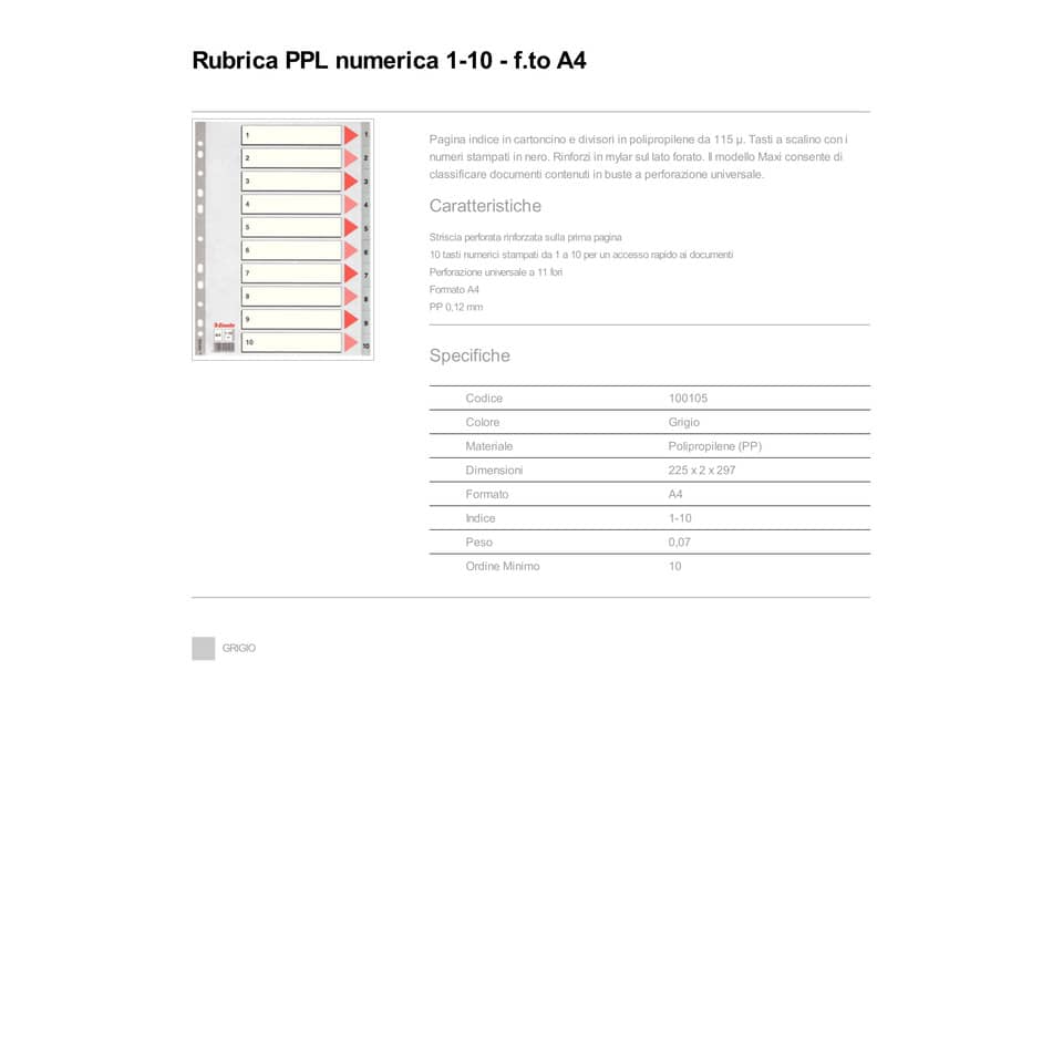 Divisori per rubrica Esselte A4 PPL numerica 1-10 100105