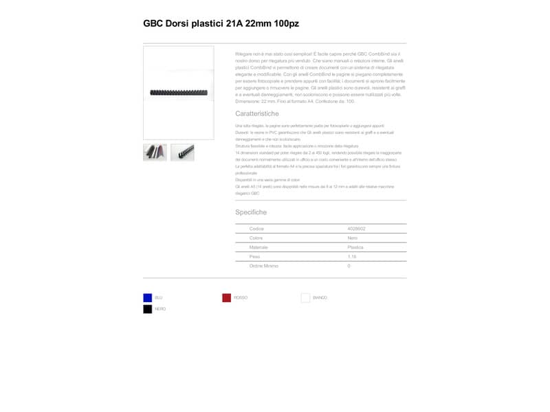 Dorsi plastici a 21 anelli GBC CombBind 22 mm A4 nero - fino a 195 fogli conf da 100 dorsi - 4028602