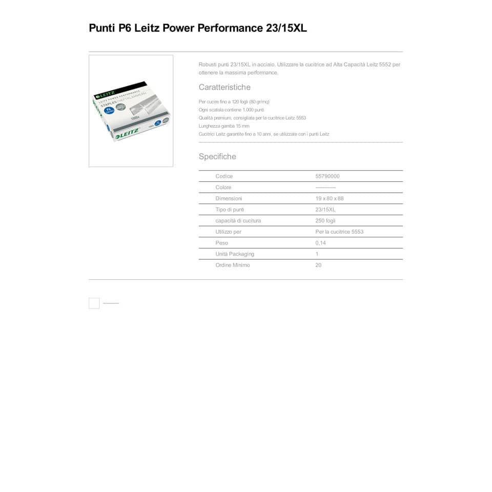 Punti metallici 23/15XL per cucitrice 5553 Leitz 23/15 XL scatola da 1000 punti - 55790000