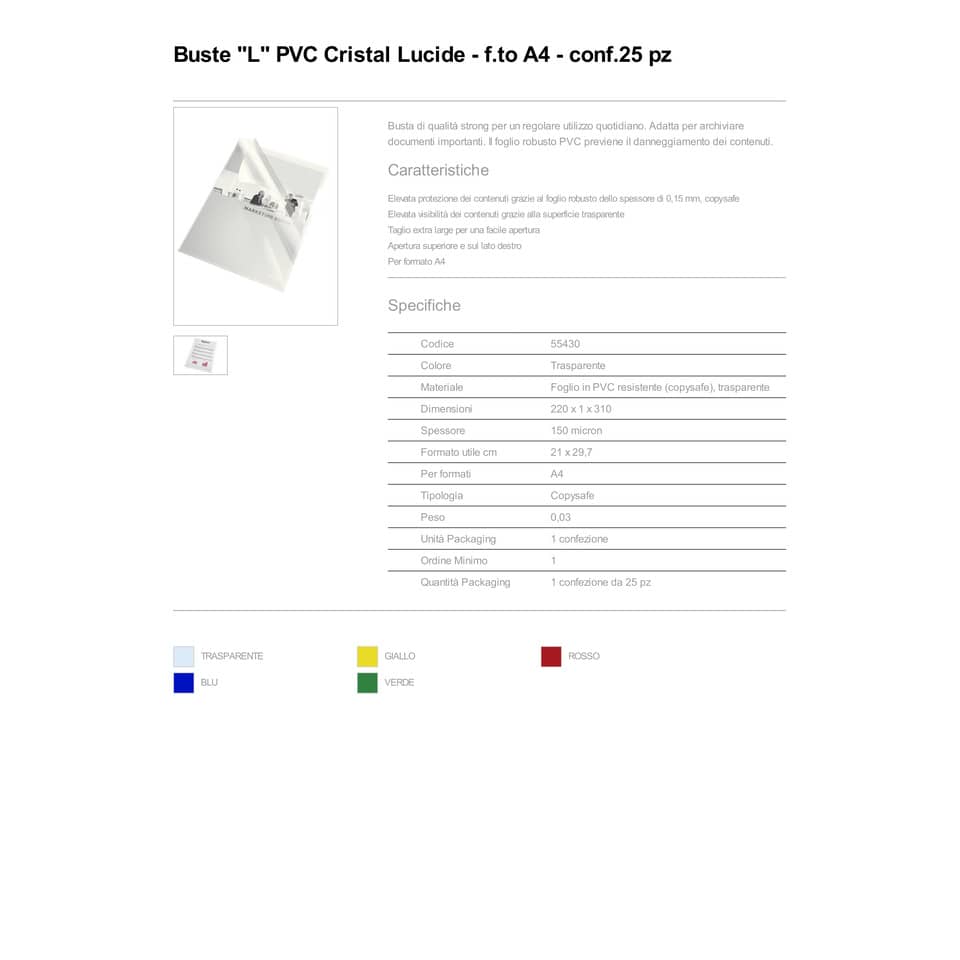 Buste a L non perforate Esselte Cristal trasparente 150 µm A4 lucido conf.25 - 55430