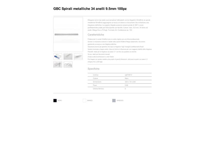Spirali metalliche a 34 anelli GBC Wirebind 9 mm a4 nero conf da 100 spirali - RG810610